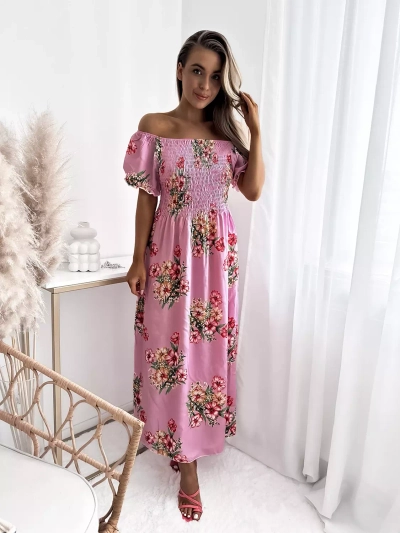 Women's pink midi dress with floral pattern - Clothing