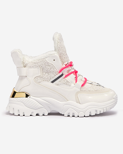 Valged naiste spordijalatsid karusnahast ja neoonroosa pitsidega Sagglo- Footwear