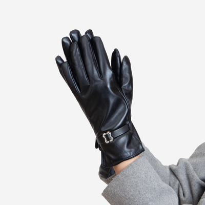 Black classic women's eco-leather gloves with buckle - Accessories