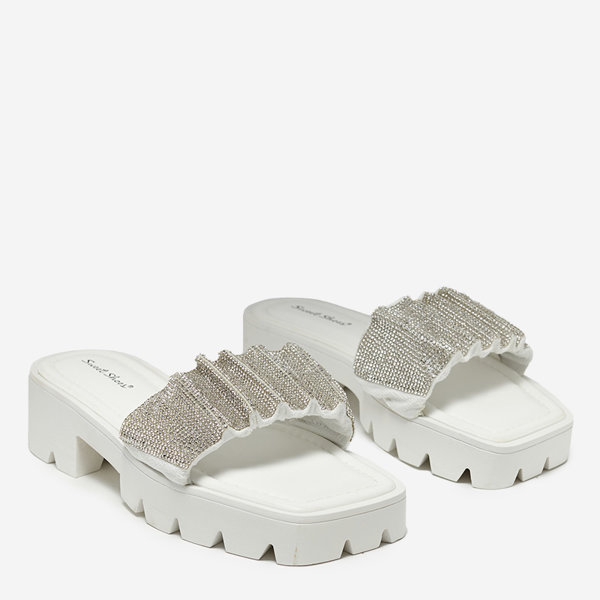 OUTLET White women's slippers with cubic zirconias Emkoy- Footwear