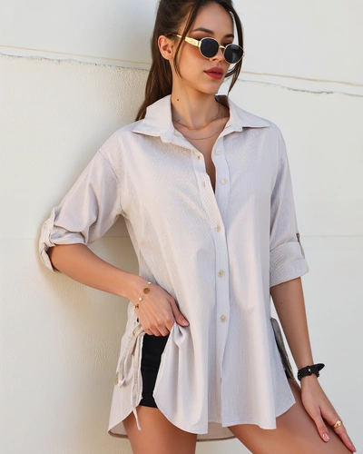 Royalfashion Pikemate naiste triibuline puuvillane särk, millel on vöökoht