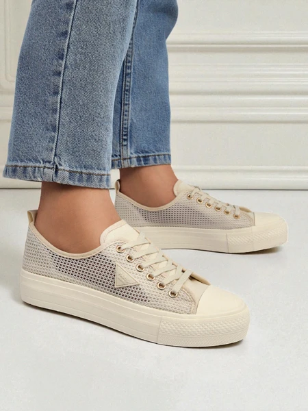Women's Beige Callista Mesh Sneakers - Flat Heel, Summer Autumn Collection