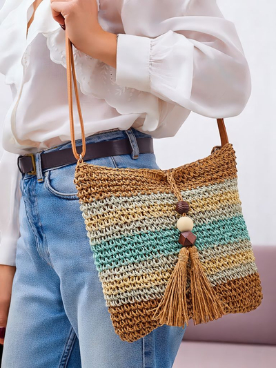 Royal Fashion Small Striped Straw Women's Bag with Charm