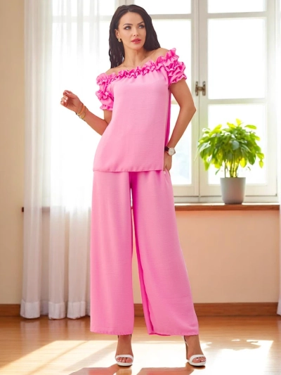 Royalfashion Women's set with an off-the-shoulder blouse with short sleeves and decorative neckline, and flared pants