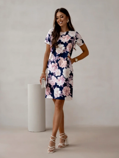 Royalfashion Simple knee-length women's dress with short sleeves featuring a floral pattern