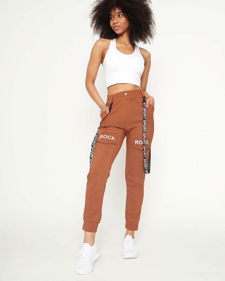 Women's cargo trousers with camel-colored suspenders - Clothing