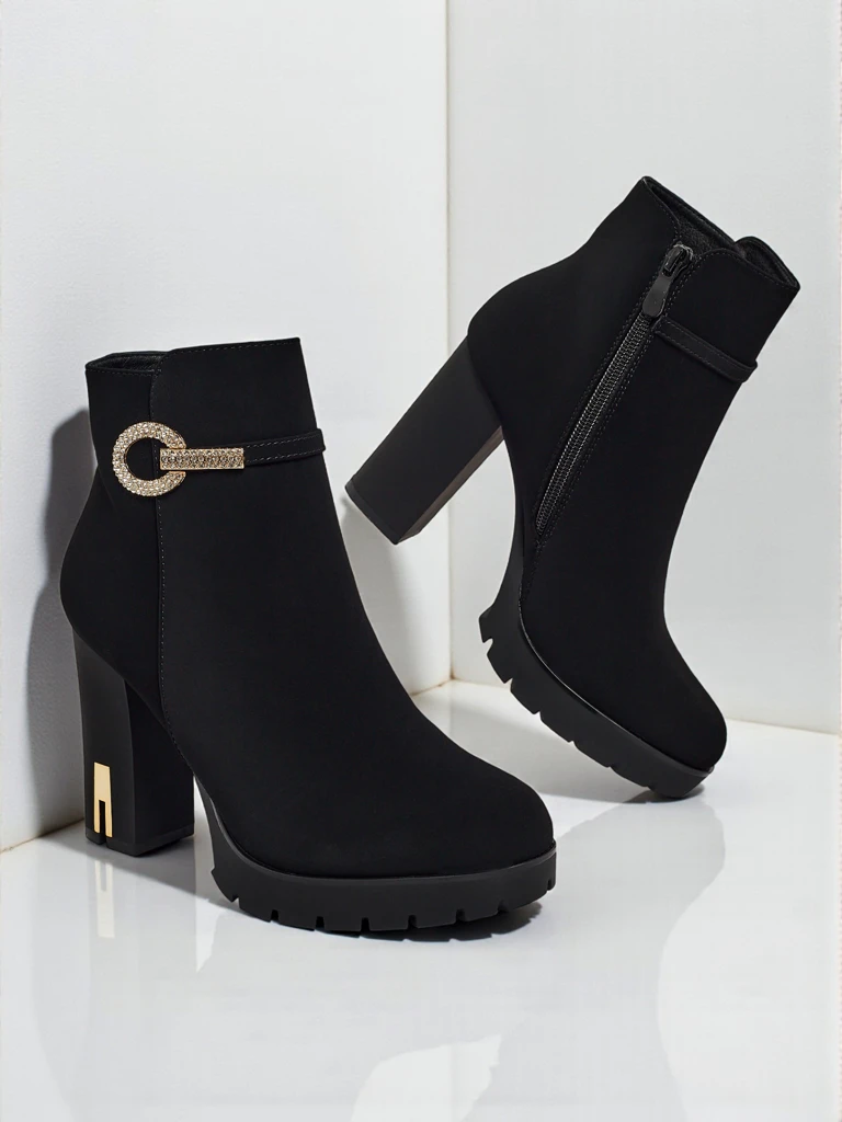 Women's Matte Heeled Ankle Boots with Zircon Decoration Mirone