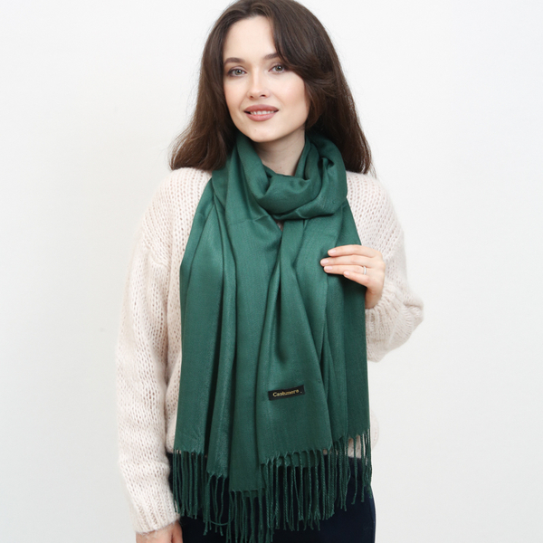 Dark green women's large scarf with tassels - Accessories