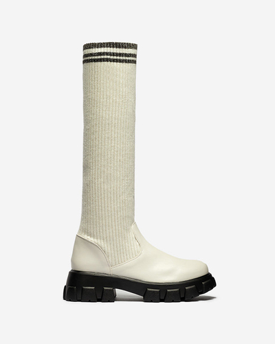 Women's high slip-on boots in ecru color Alerpi- Footwear
