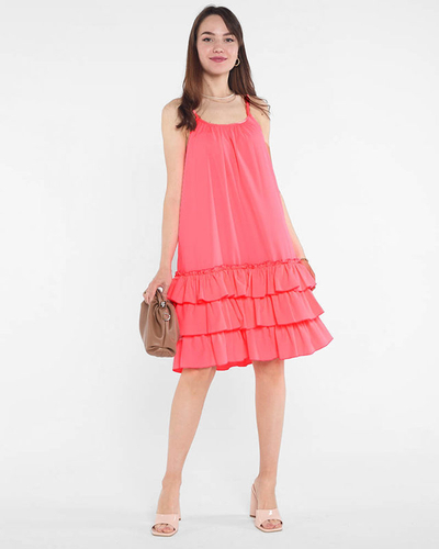 Pink neon women's dress on straps with frills - Clothing