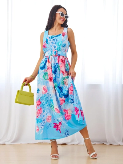 Royalfashion Women's viscose midi dress with straps, featuring a belt in various floral patterns