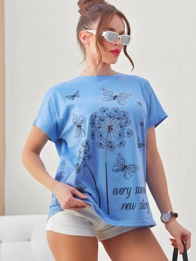 Royalfashion Women's cotton t-shirt with dandelions and a butterfly