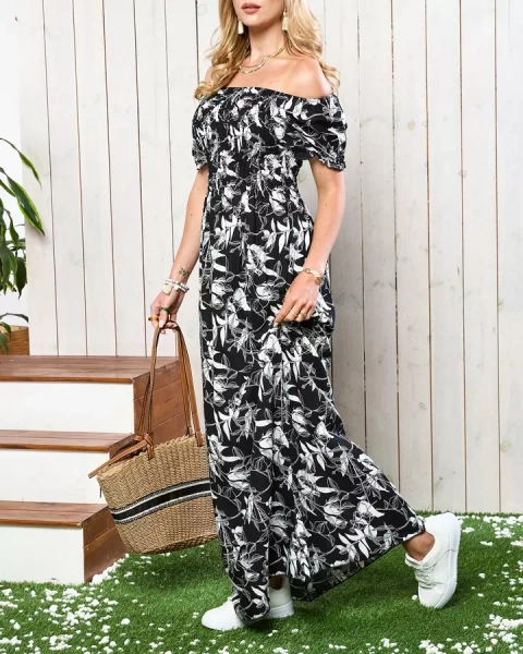 Black and white women's maxi dress with print- Clothing