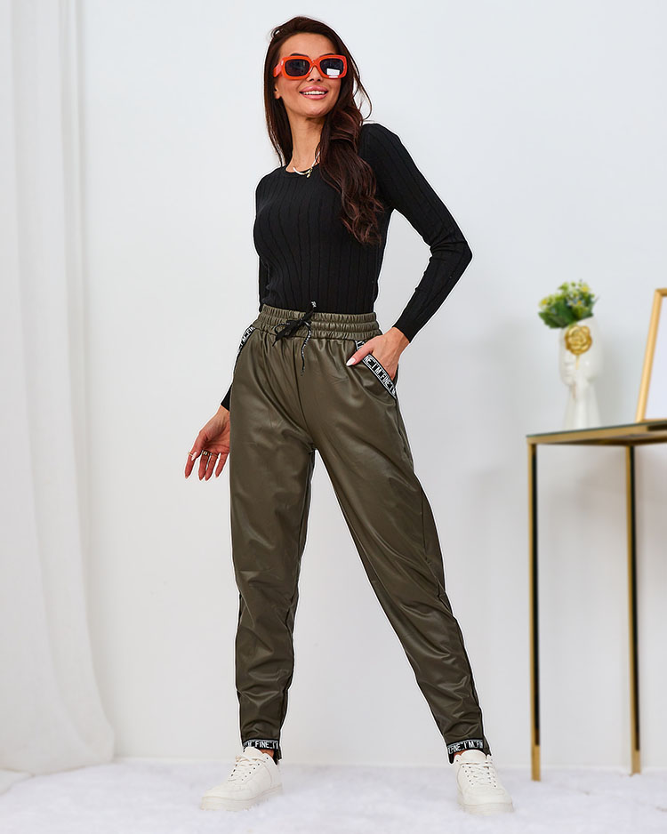 Royalfashion Lahtised naiste eko nahast püksid khaki värvi