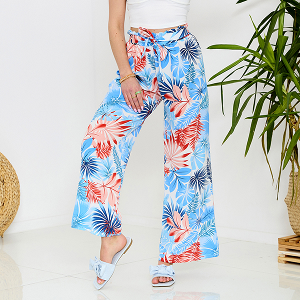 Blue women's palazzo pants with floral pattern - Clothing
