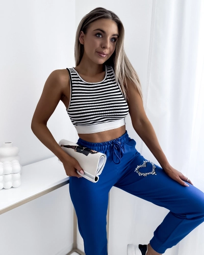 Women's blue sweatpants with zirconia embellishment- Clothing