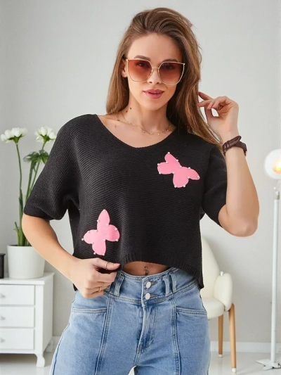 Royalfashion Naiste puuvillane lühike sviiter liblikatega