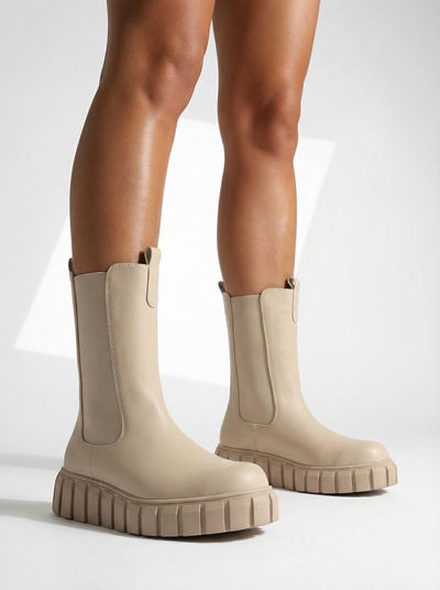 Royalfashion Women's high flat heeled boots in ecru Elicane