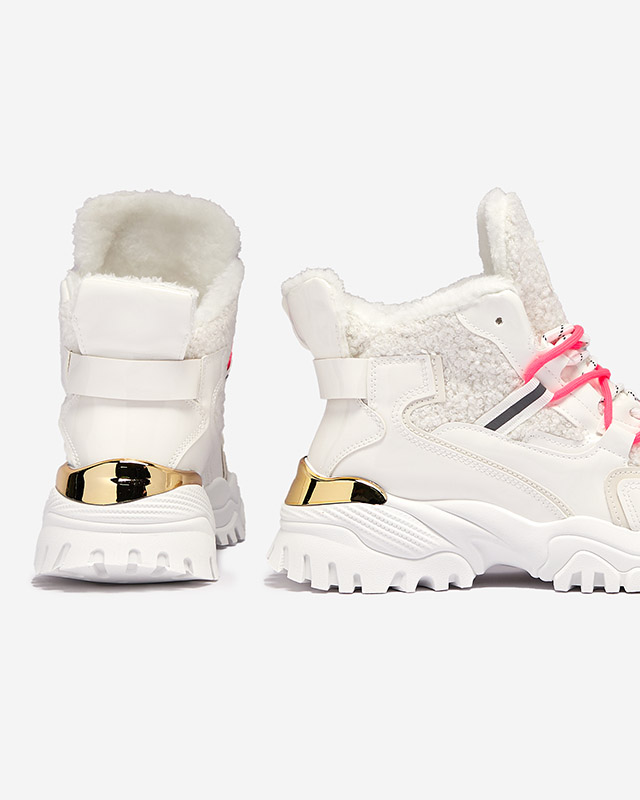 Valged naiste spordijalatsid karusnahast ja neoonroosa pitsidega Sagglo- Footwear