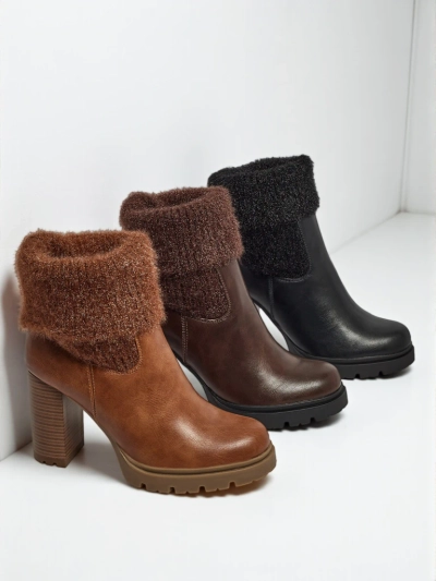 Women's Eco-Leather Heeled Ankle Boots with Knit Tirave
