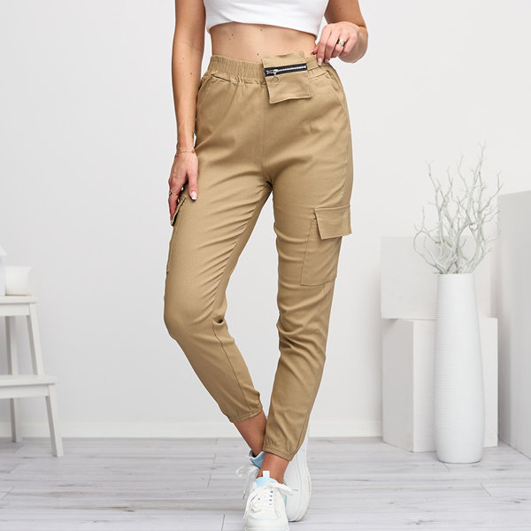 Light brown women's cargo pants with a detachable pocket - Clothing