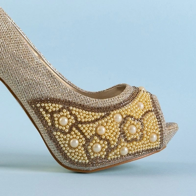 OUTLET Gold women's shiny high heels with cubic zirconia and pearls Mira - Footwear