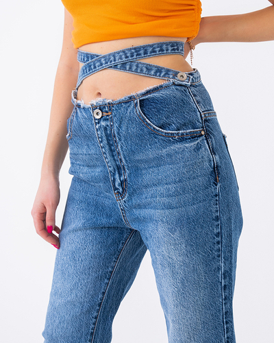 Blue boyfriend jeans with decorative belt for women - Clothing