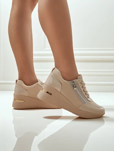 Женские бежевые кроссовки на танкетке HeraBea из экокожи 6,5 см с замком