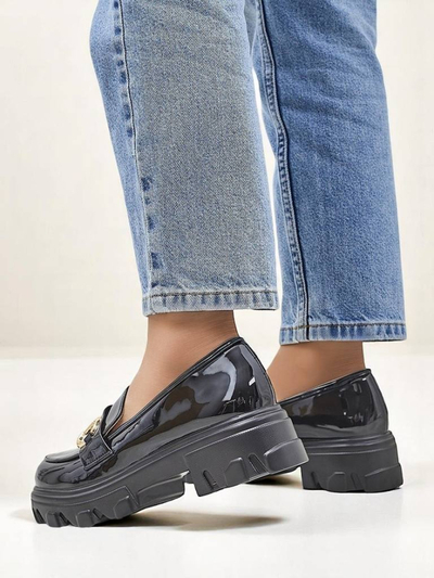 Royalfashion Patent Leather Women's Loafers with Decoration Black Velvet