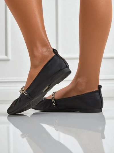 Ariadna Nero women's ballet flats - black, flat, ecological leather, gold decoration