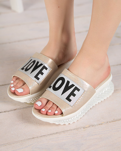Ladies' beige shiny slippers with the words Sosha- Footwear