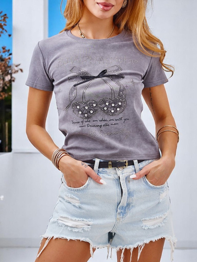 Royalfashion Women's cotton t-shirt with rhinestones and a bow
