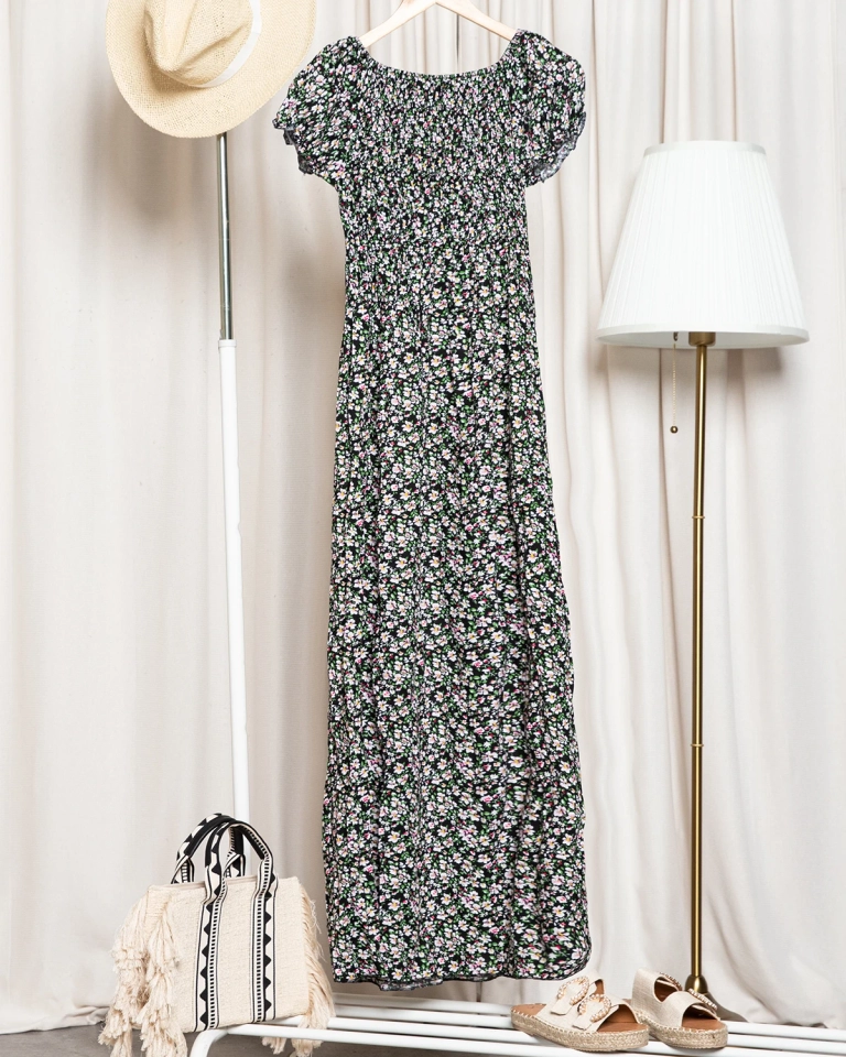 Black women's floral midi dress - Clothing