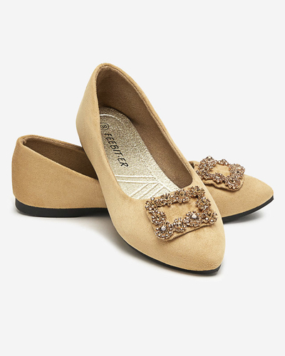 Light brown women's eco-suede ballerinas with Linselisa decoration - Footwear