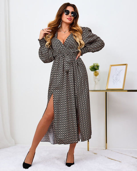 Royalfashion Бежево-черное узорчатое женское платье-макси