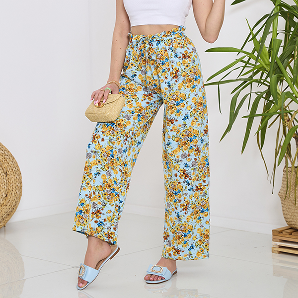 Women's blue palazzo pants with yellow flowers- Clothing