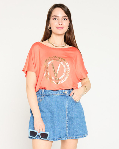 Orange women's t-shirt with gold print and cubic zirconia - Clothing