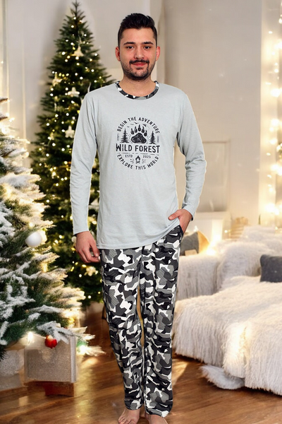 Navy blue men's pajamas with checked trousers - Clothing