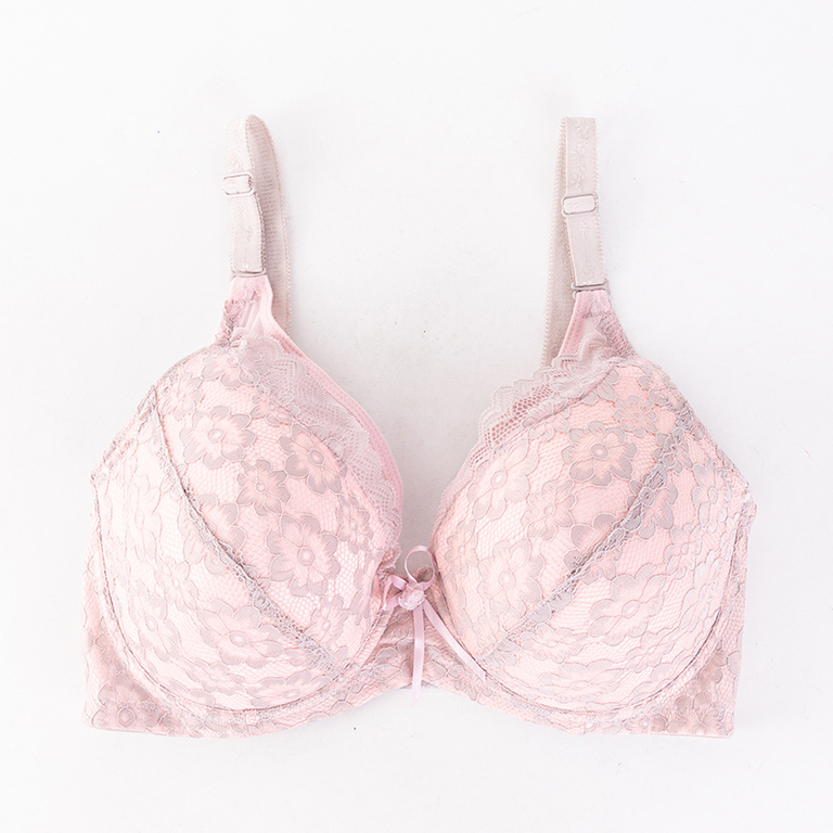 Розово-серый женский бюстгальтер с кружевом