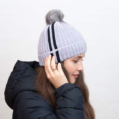 Gray insulated beanie with white stripes and pompom - Accessories