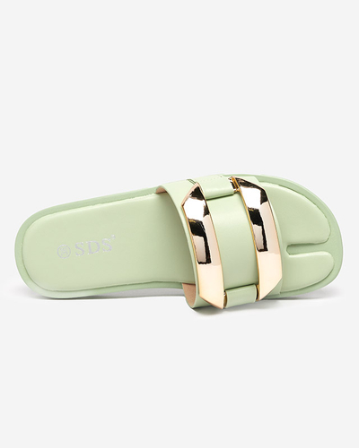 Green women's slippers with a large golden ornament Kedino - Footwear