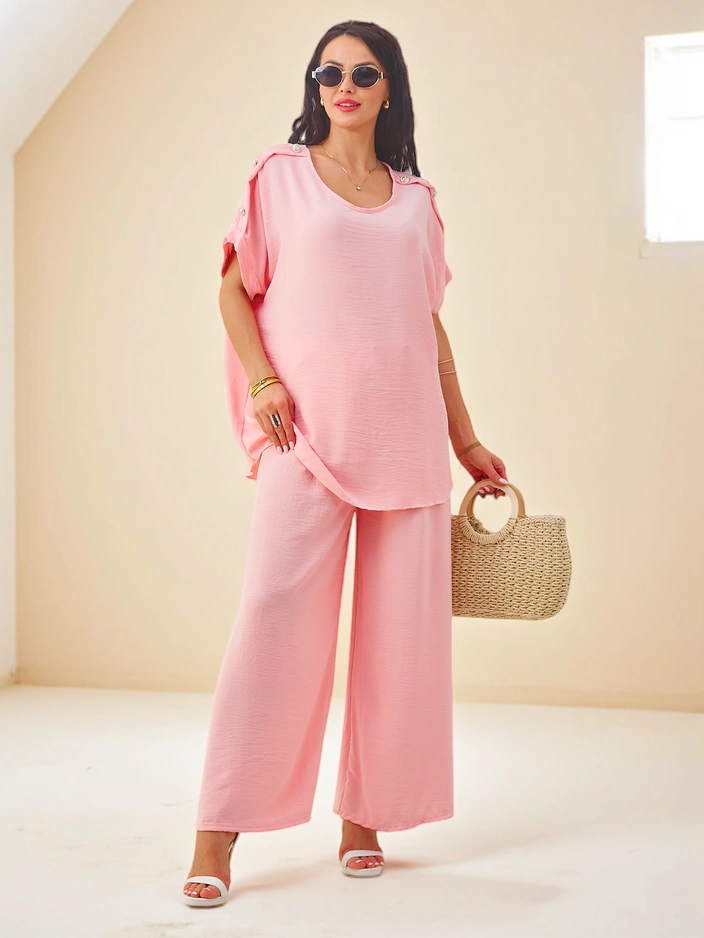 Royalfashion Women's cotton set with short sleeves and wide trousers