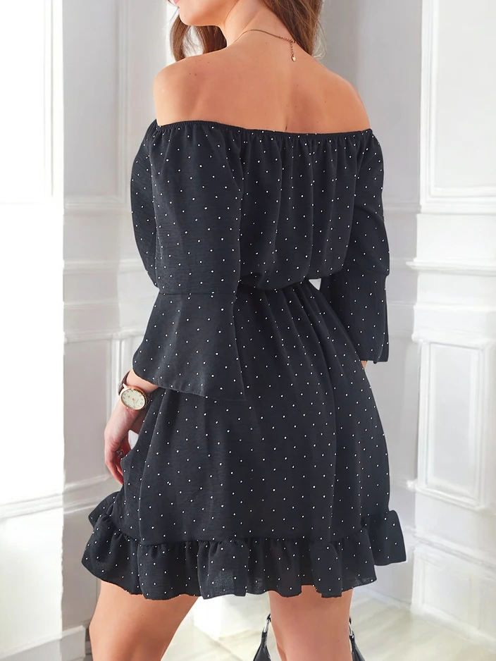 Royalfashion Women's mini dress off-the-shoulder with long sleeves and rhinestones