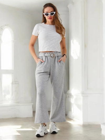 Royalfashion Широкие женские тканевые брюки с декоративным поясом