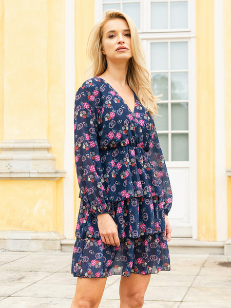 Navy blue women's floral dress - Clothing