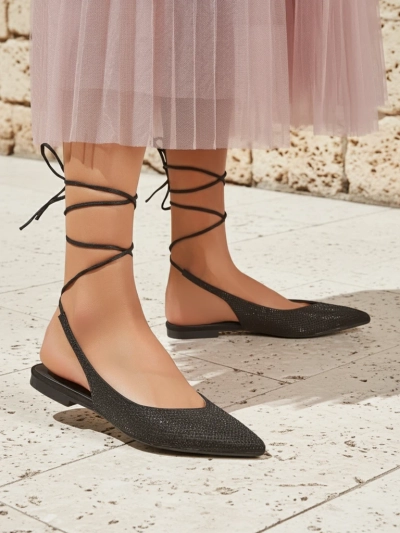 Damiane Nero Sandals - Black fabric-tied ballet flats, flat heel