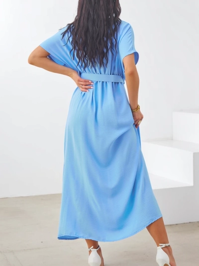 Royalfashion Women's midi dress with short sleeves, V-neck, and a slit in the middle