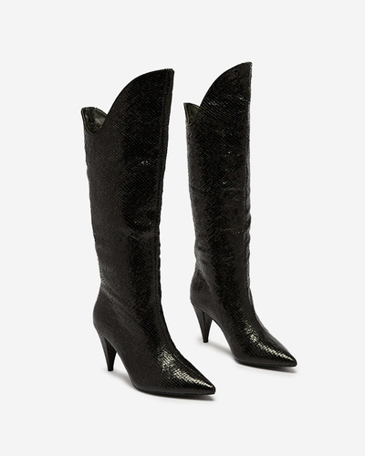 Black women's high-heel boots with embossing Elivea- Footwear