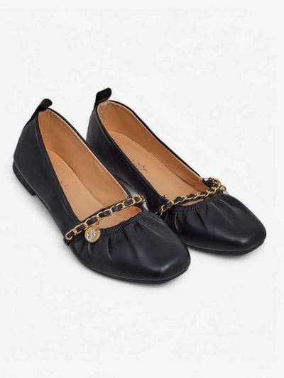 Ariadna Nero women's ballet flats - black, flat, ecological leather, gold decoration