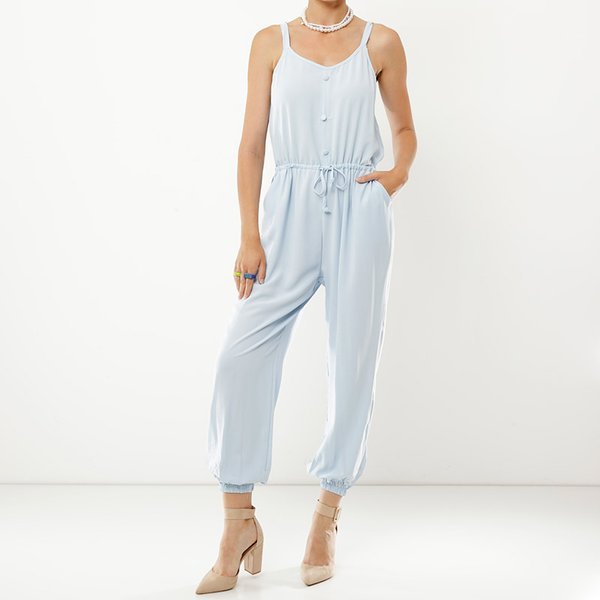Women's Blue Cotton Jumpsuit with Buttons - Clothing